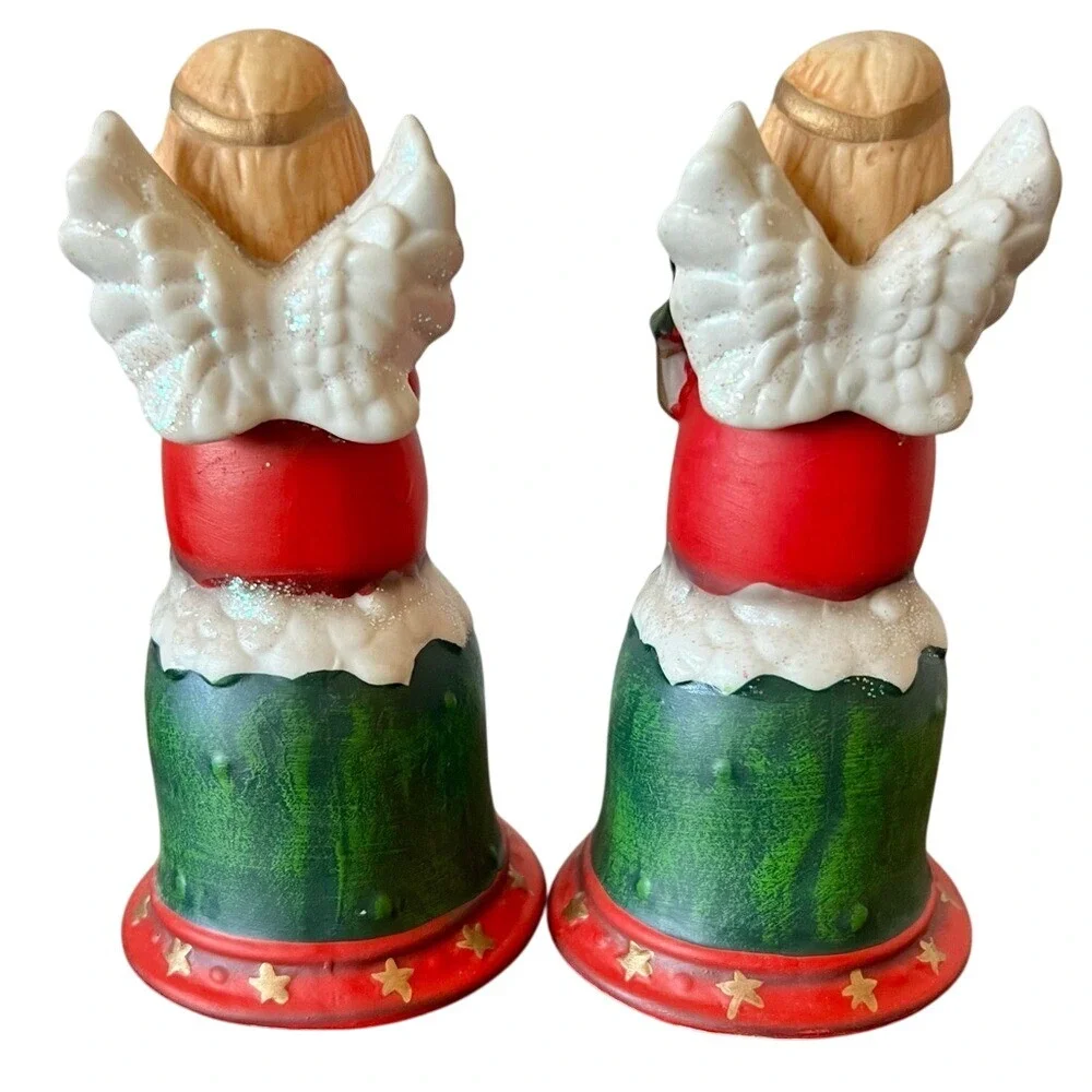 Vintage‎ Christmas Angel Ceramic Welcome Bells Set of 2 Red Green Gold 6.5 Inch